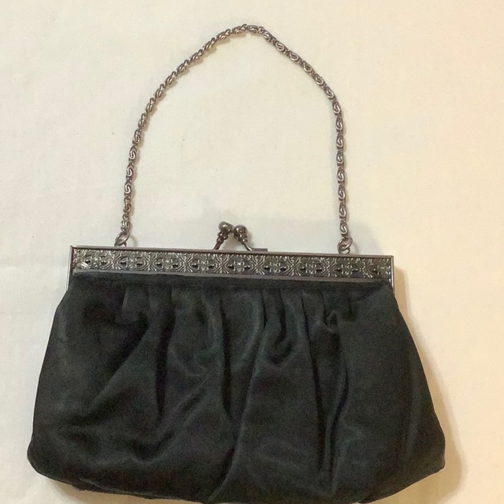 Ann Taylor Loft black satin evening bag with gunmetal chain and trim